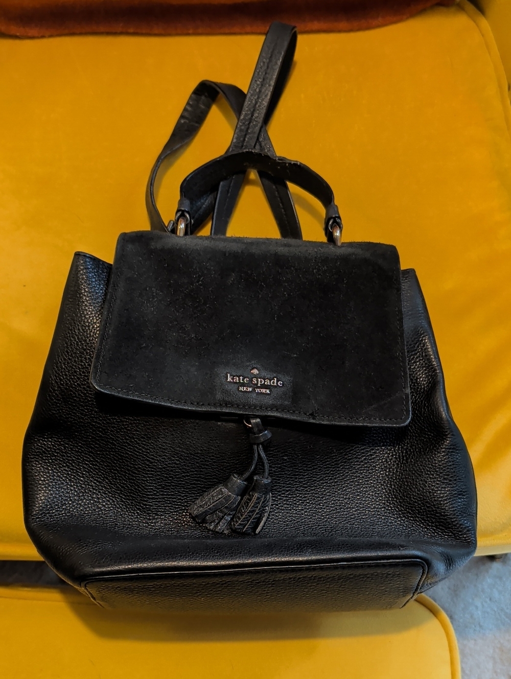Kate Spade Black Leather and Suede Backpack with Tassel